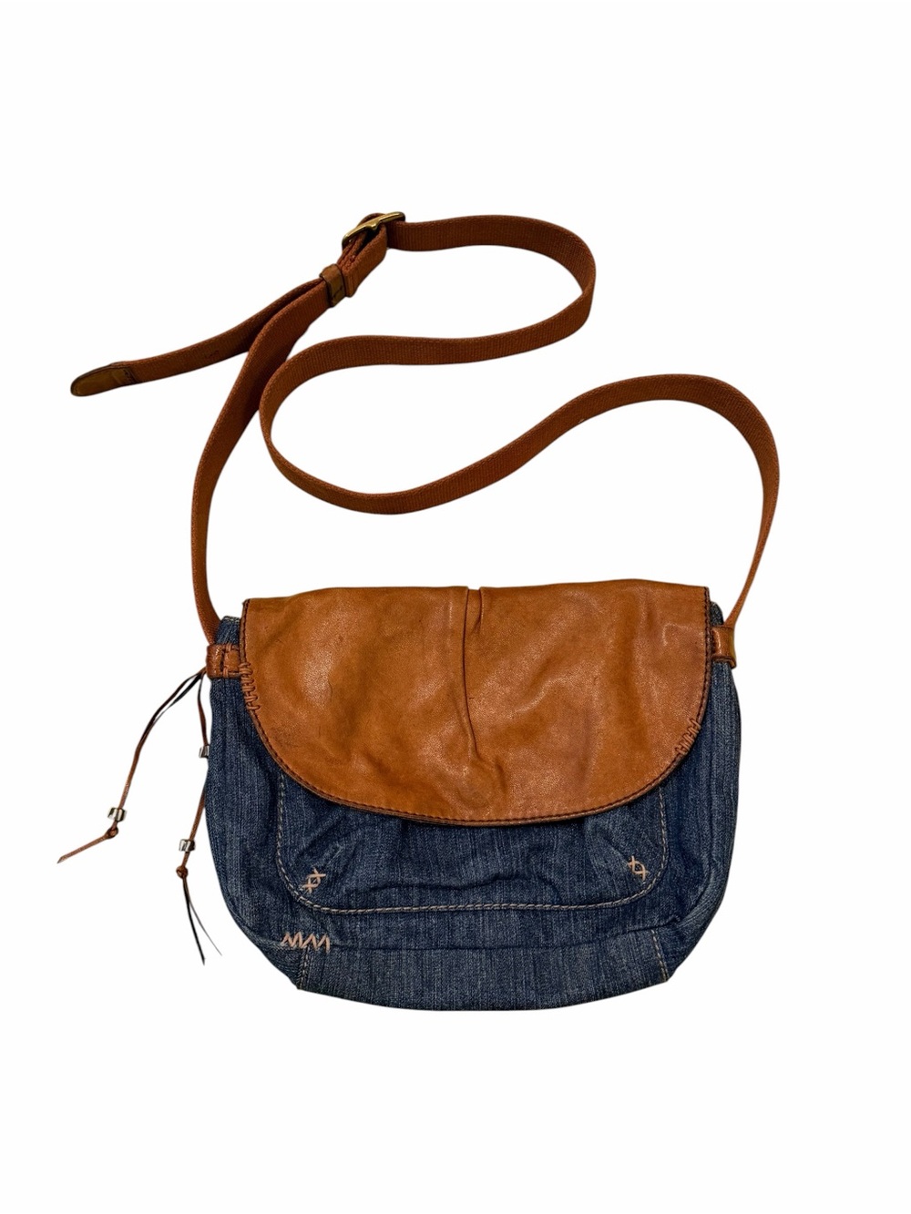 Vintage Lucky Brand Denim and Leather Crossbody Purse Bag Y2K Original Boho